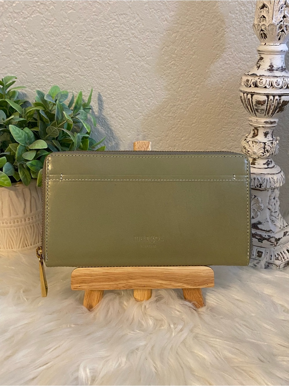 Margot New York Sage Green Leather Zip Wallet with Gold Zipper - large 8x4.5
